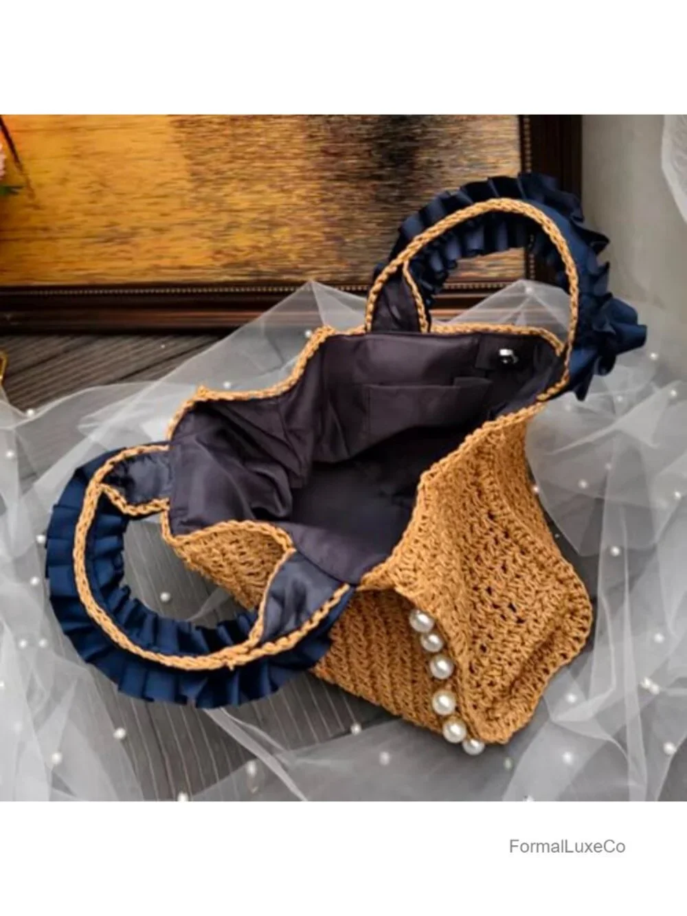 Straw Tote Bag Women Pearls Woven Handbag Summer Travel Beach Bag